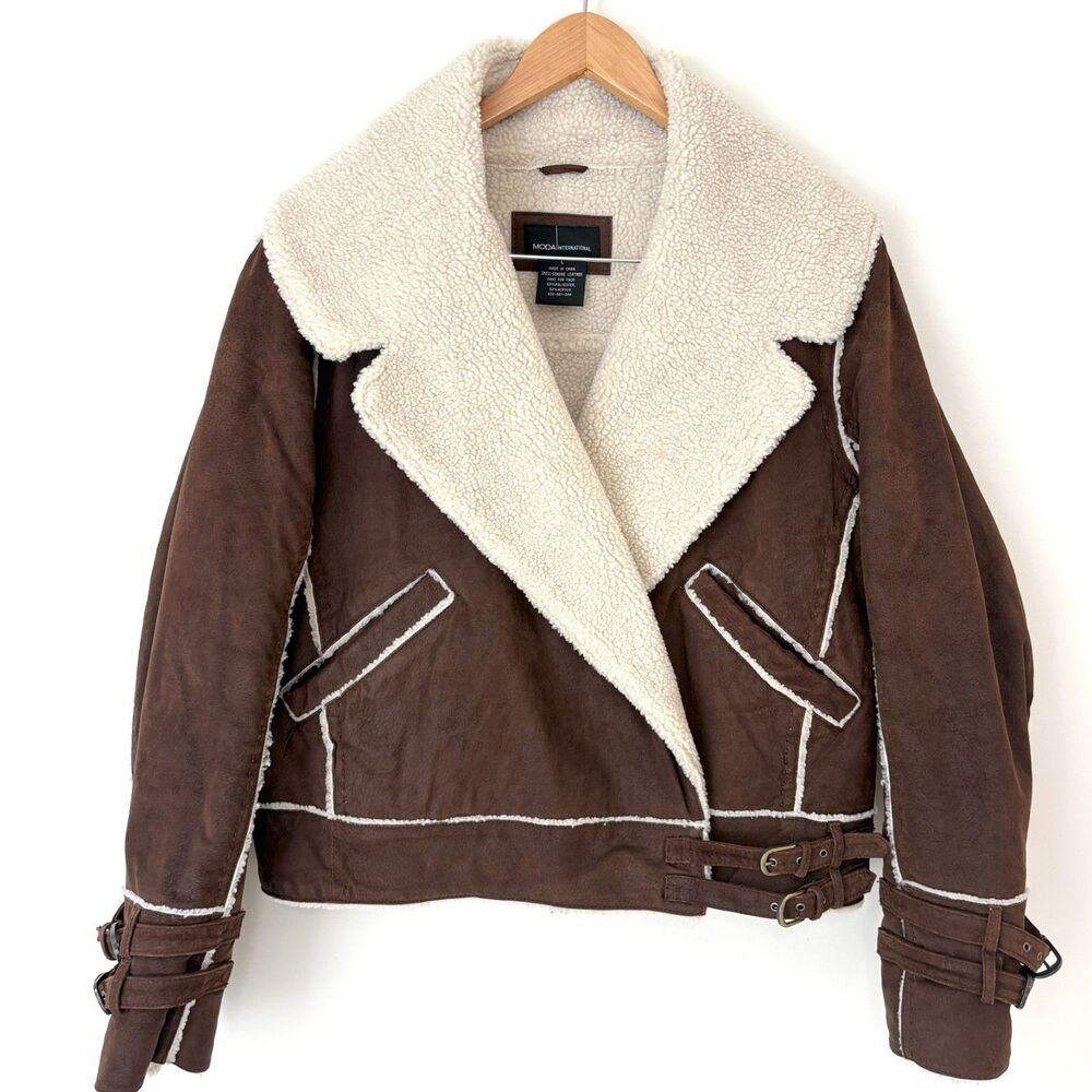 Moda International Y2K Genuine Leather Faux Shearling Moto Jacket Sz L Brown